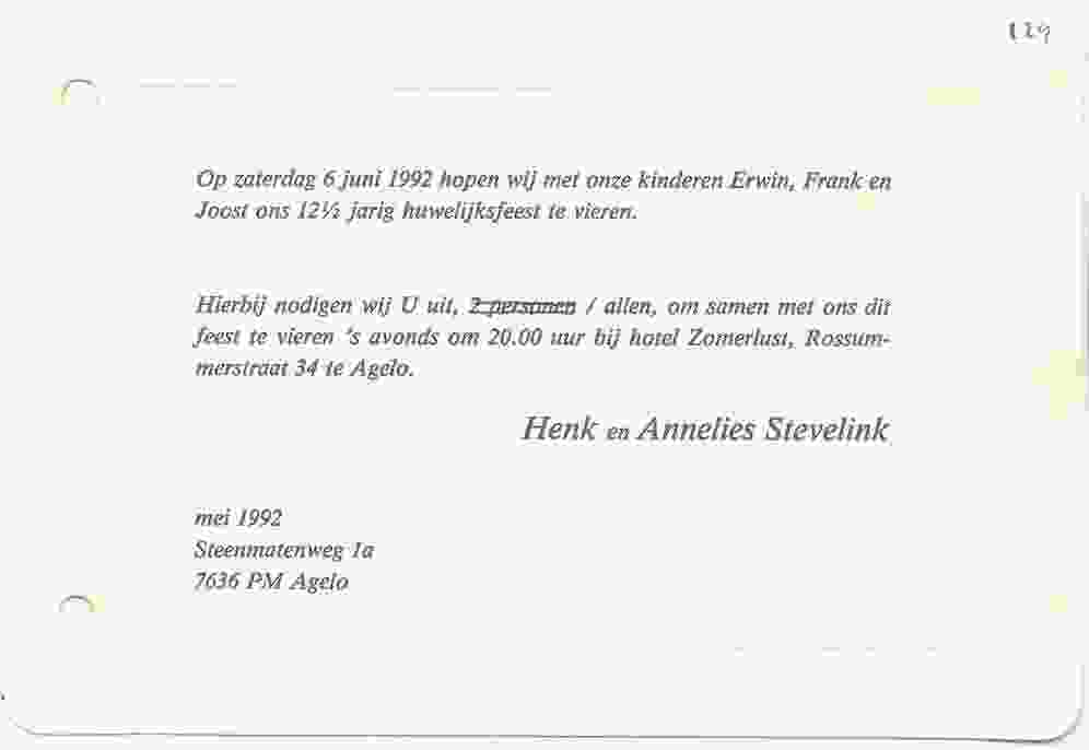 Uitnodiging bruiloft van Henk en Annelies op 1992-06-06